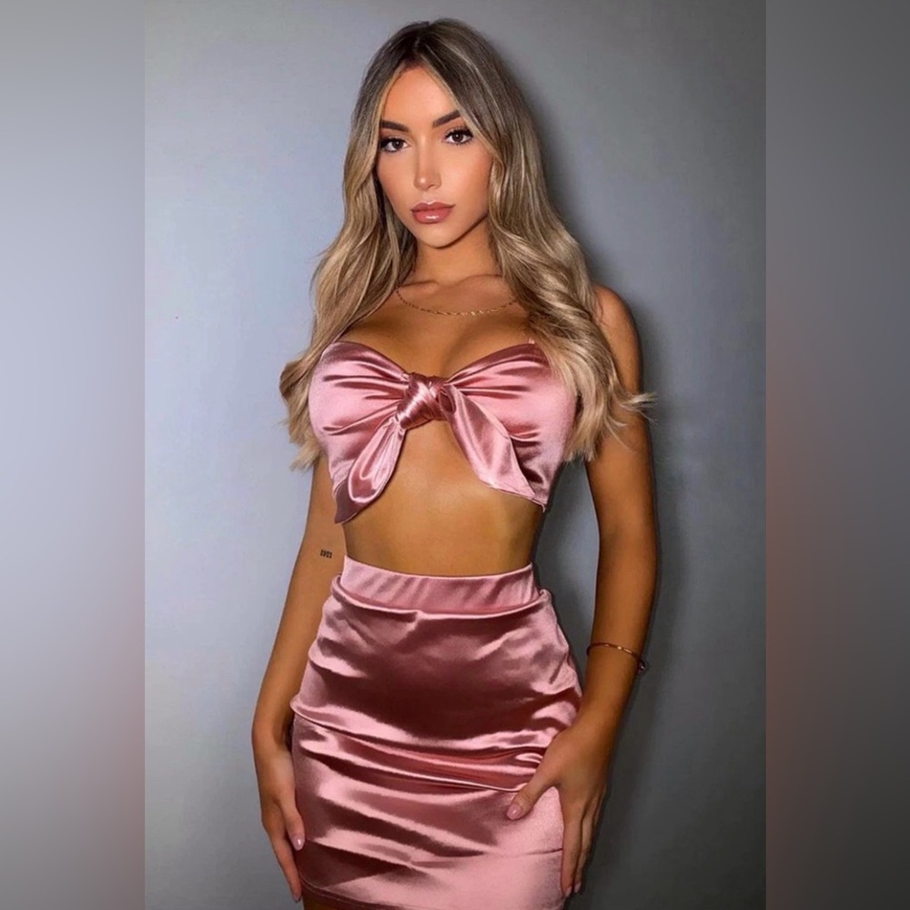 Satin Tie Front Crop Top + Skirt Co-Ord